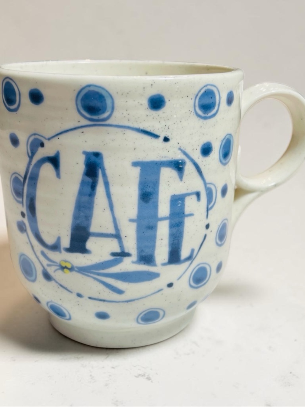 elevenses Anthro Sweetly Stated Collection Café Stoneware Mug Blue Dot Motif